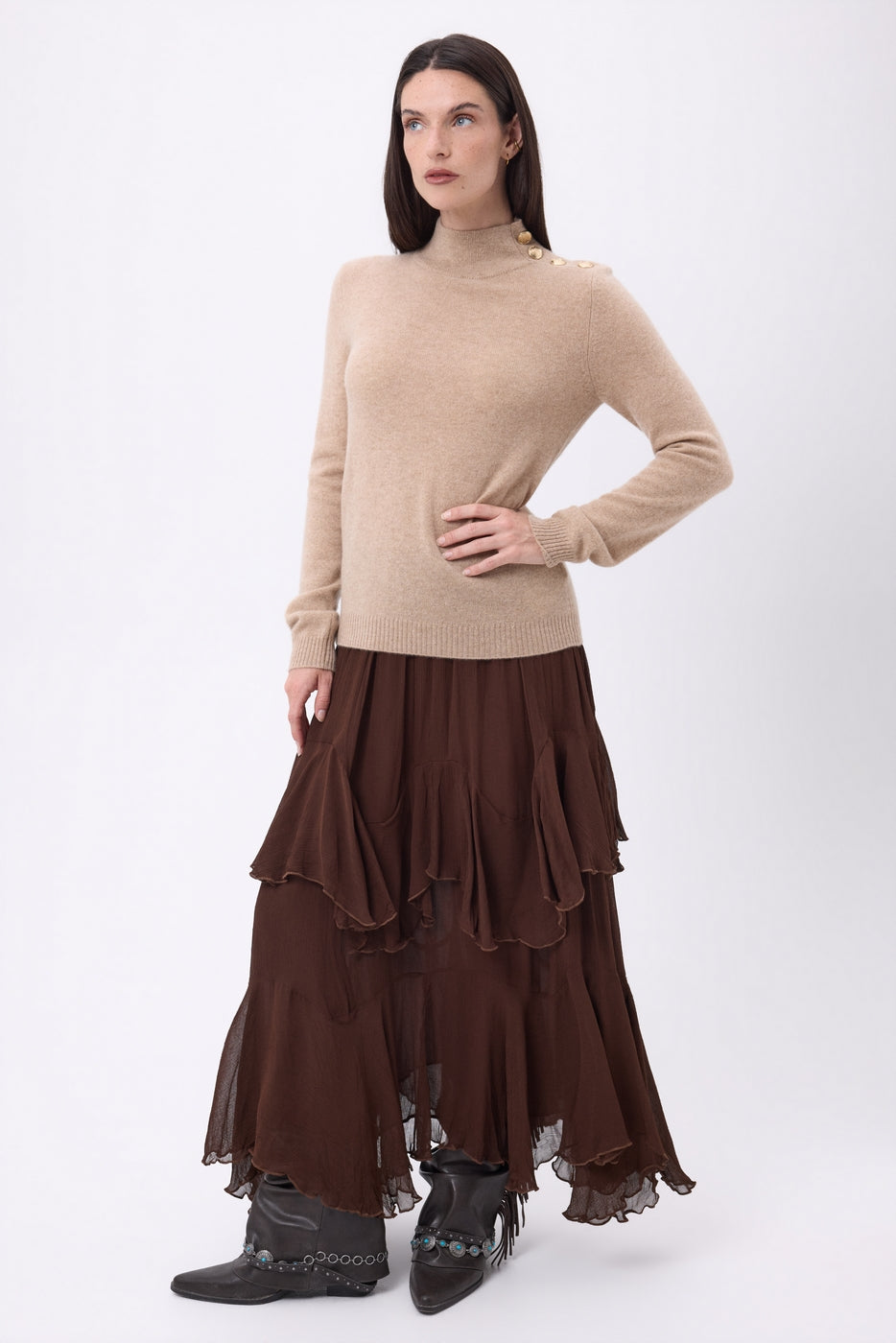 Jersey de cuello alto con botones dorados Swan - Beige crema - Mujer