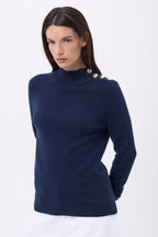 Pull Col Montant Boutons Dorés Swan - Bleu Marine - Femme