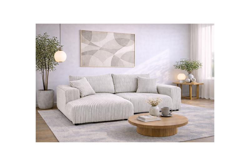 Garance - Canapé D'Angle Réversible - 4 Places - Velours Grosses Côtes - Gris Clair