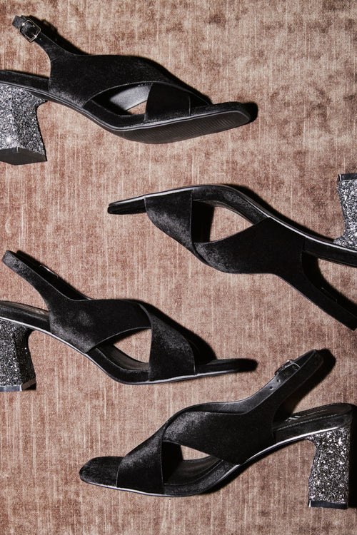 Milan Cross-strap Sandals with Silver Glitter Heel - Black
