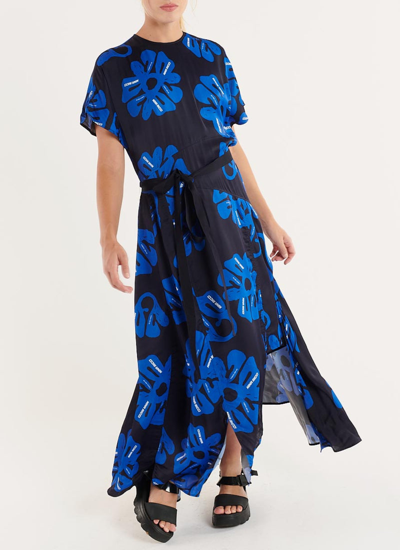 Robe Longue Asymétrique Imprimée - Navy/Bleu Electrique - Femme