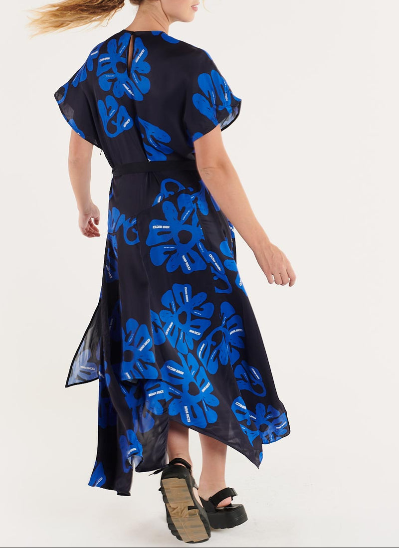 Robe Longue Asymétrique Imprimée - Navy/Bleu Electrique - Femme