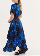 Robe Longue Asymétrique Imprimée - Navy/Bleu Electrique - Femme