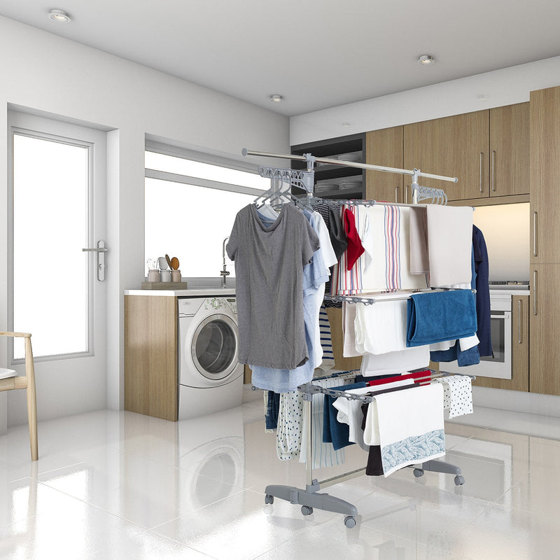 Séchoir à linge étendoir multifonction 25M EXTRA avec 30 accessoires 3 niveaux Gris et Inox - REDDECO.com
