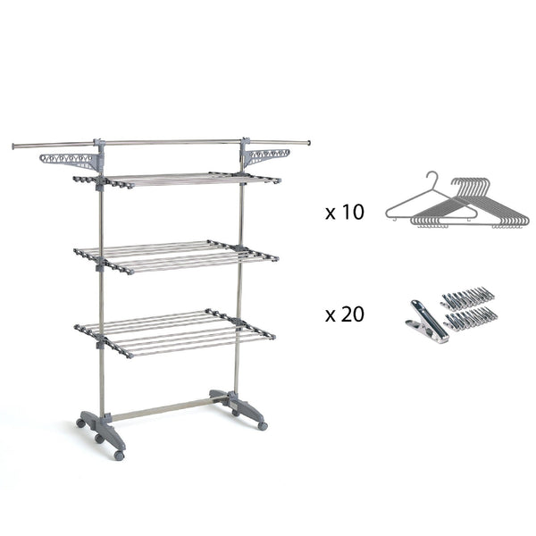 Séchoir à linge étendoir multifonction 25M EXTRA avec 30 accessoires 3 niveaux Gris et Inox - REDDECO.com