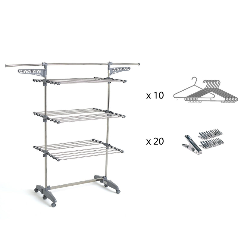 Séchoir à linge étendoir multifonction 25M EXTRA avec 30 accessoires 3 niveaux Gris et Inox - REDDECO.com