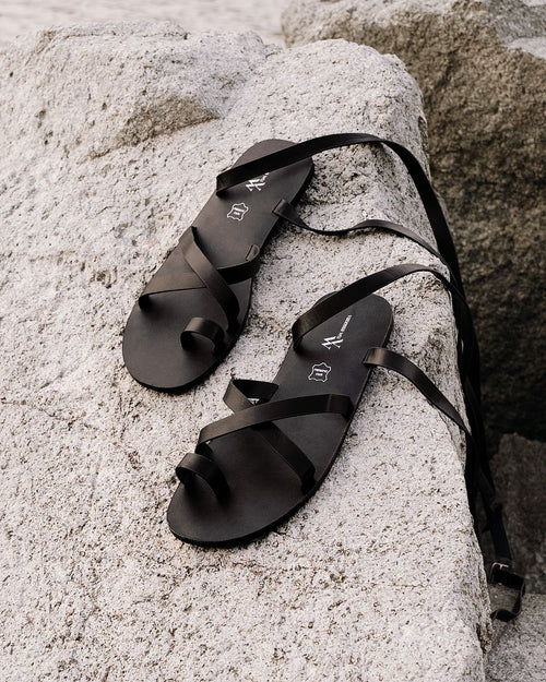 Cassiopeia Three-Turn Ankle Strap Thong Sandals - Black