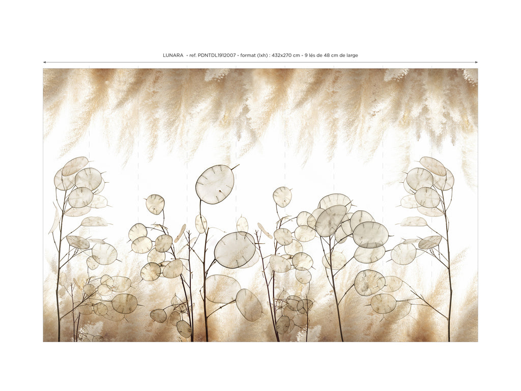 Lé Papiers De Ninon – Papier Peint Panoramique Lunara - Beige, papier peint panoramique avec des fleurs sèches et des herbes de la pampa