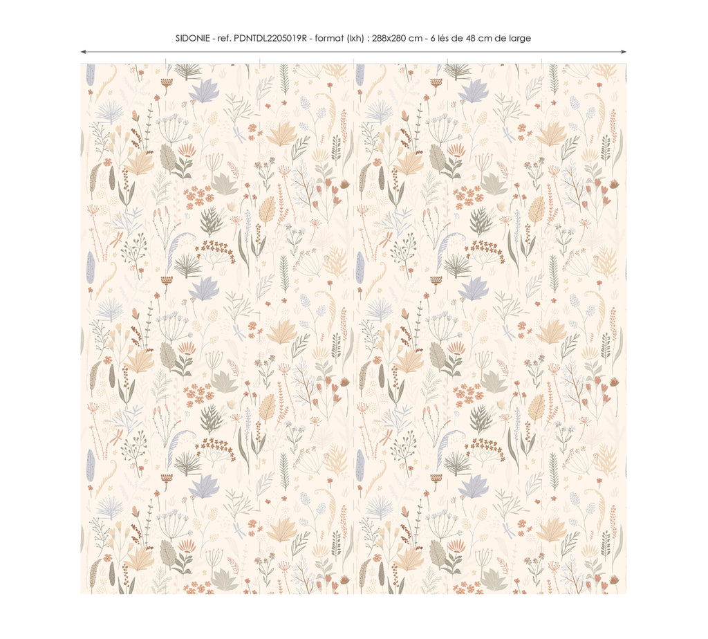Lé Papiers De Ninon – Papier Peint Panoramique Sidonie - Beige, tissu à motifs floraux et végétaux dans des tons pastel sur fond clair