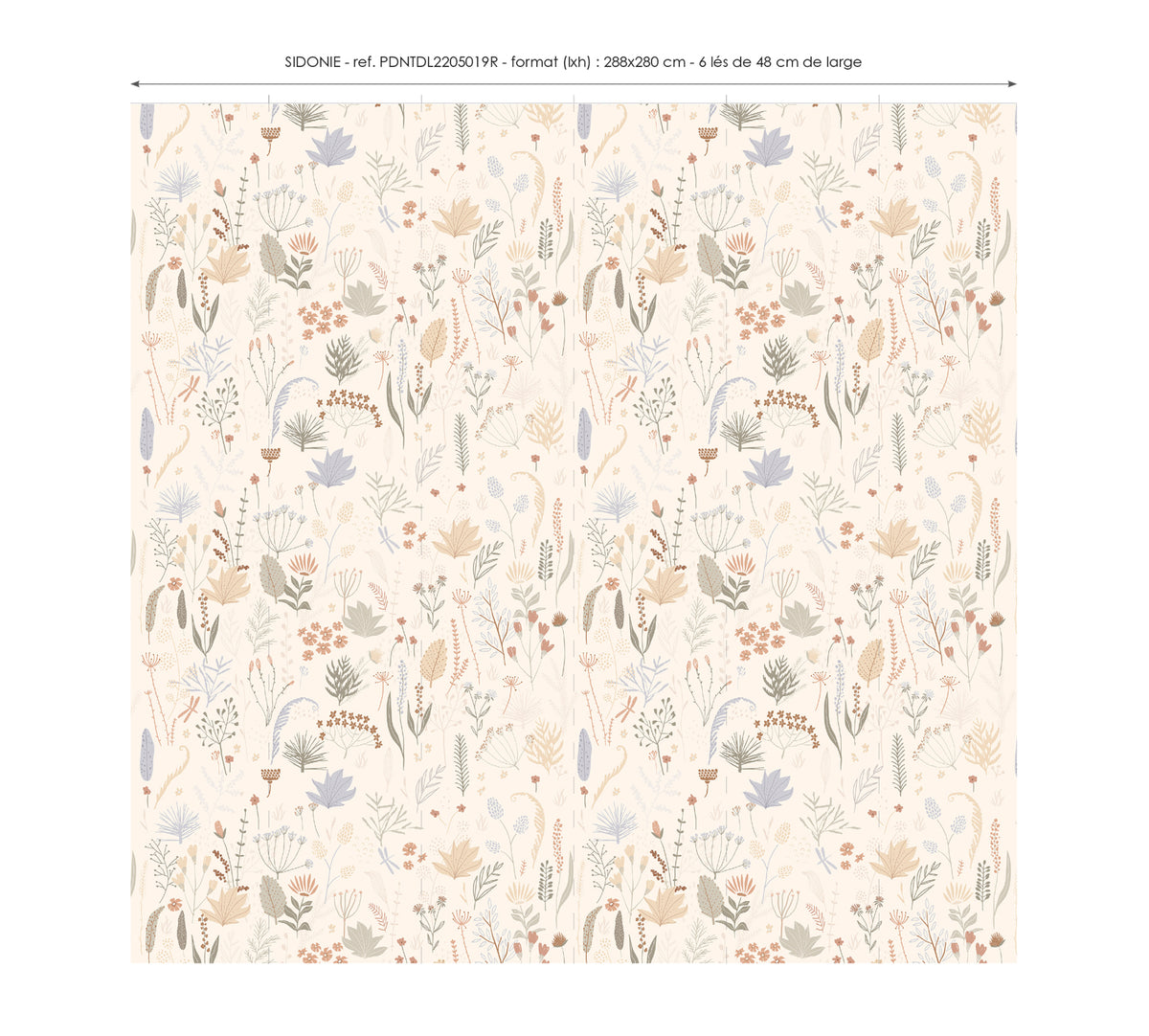 Lé Papiers De Ninon – Papier Peint Panoramique Sidonie - Beige, tissu à motifs floraux et végétaux dans des tons pastel sur fond clair
