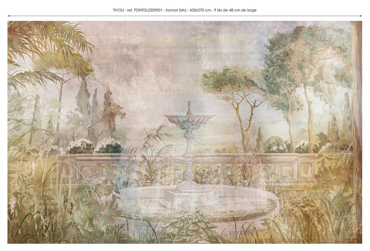 Lé Papiers De Ninon – Fototapeta Panoramiczna Tivoli - Multicolore, mural przedstawiający ogród z fontanną i drzewami