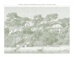 Lé Papiers De Ninon – Papier Peint Panoramique Villa Ferret - Lichen, image d'un paysage avec des maisons et des arbres, dans des tons verts
