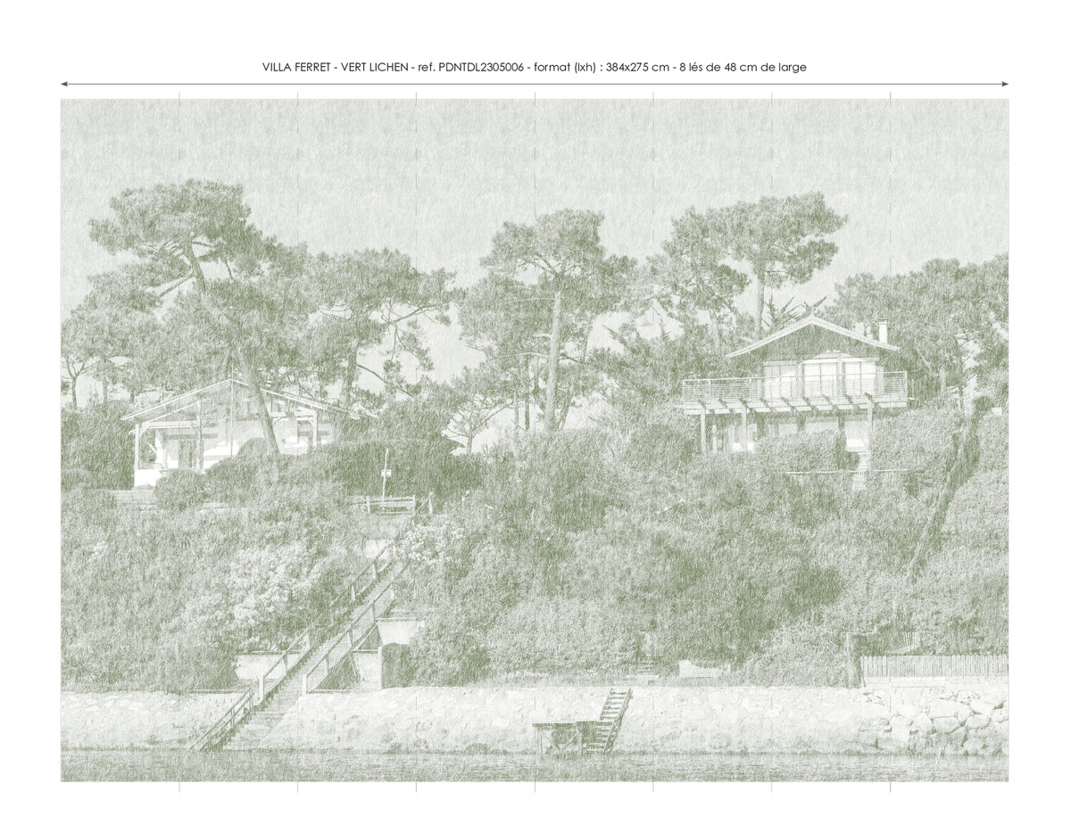 Lé Papiers De Ninon – Papier Peint Panoramique Villa Ferret - Lichen, image d'un paysage avec des maisons et des arbres, dans des tons verts