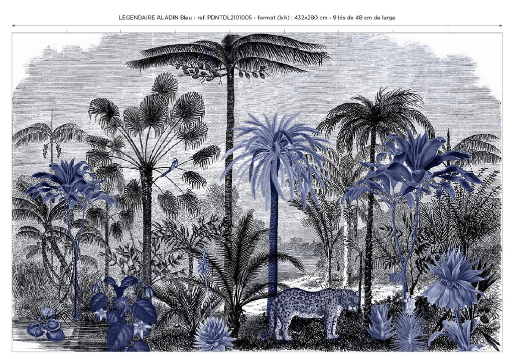 Lé Papiers De Ninon – Carta da parati panoramica Légendaire Aladin - Cobalto, carta da parati con palme e un leopardo