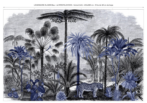 Lé Papiers De Ninon – Papel pintado panorámico Légendaire Aladin - Cobalto, papel pintado con palmeras y un leopardo