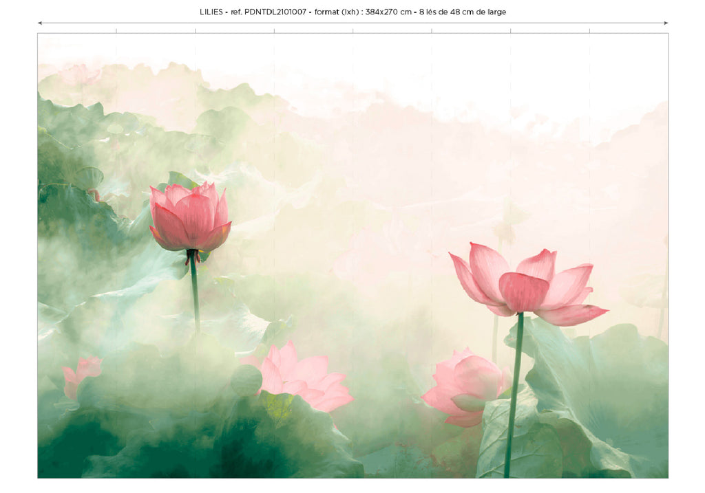 Lé Papiers De Ninon – Papier Peint Panoramique Lilies - Multicolore, papier peint avec des fleurs de lotus roses et des feuilles vertes