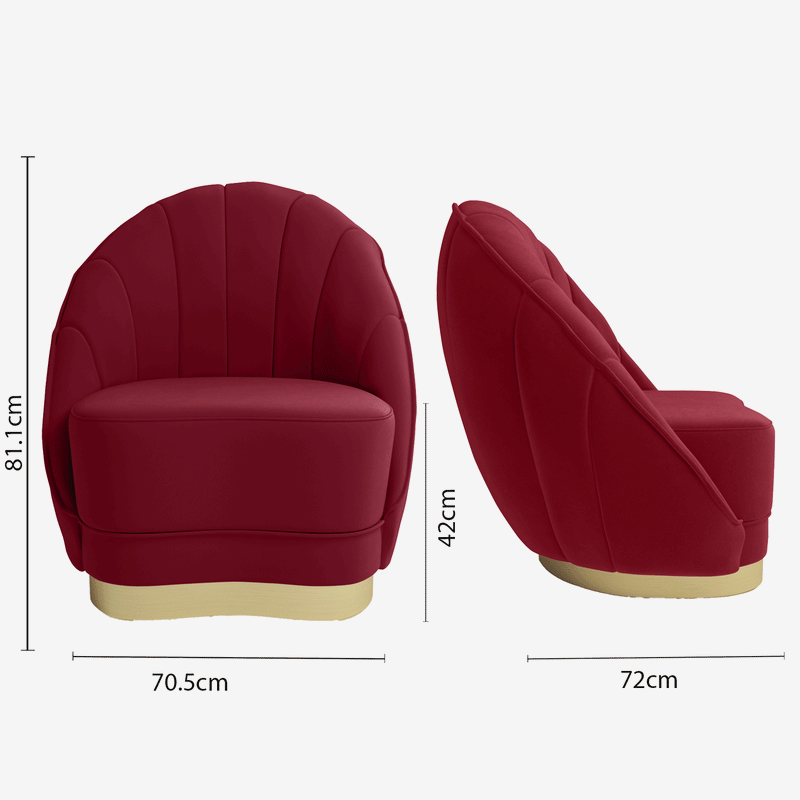 Fauteuil coquillage en velours bordeaux et laiton doré