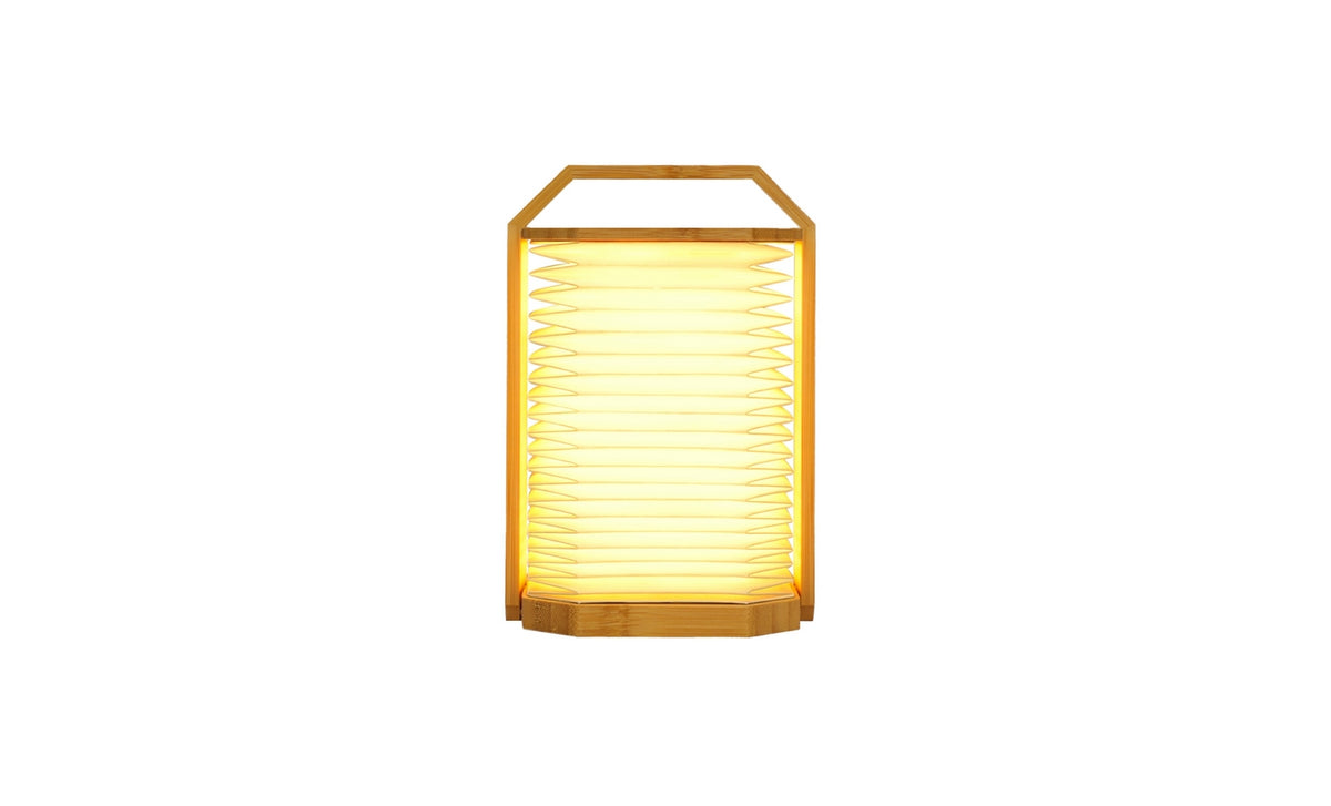 Gingko Design – Lampa Smart Origami - Naturalny Bambus, prostokątna lampa stołowa z jasnego drewna z żółtym plisowanym abażurem