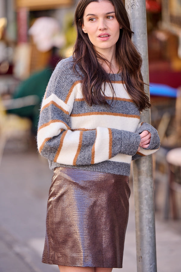 Striktrøje Melina - Grå Med Beige Striber