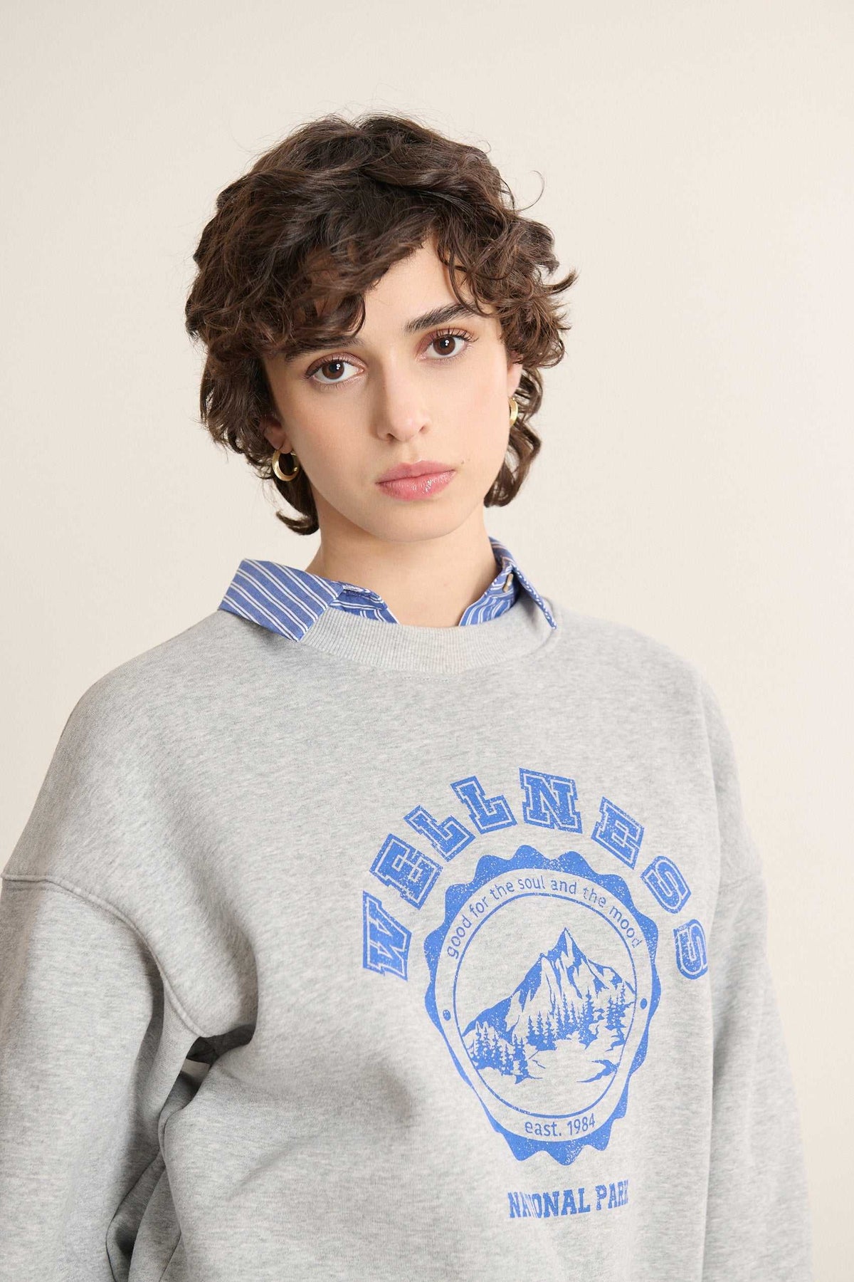 Sweat imprimé coloris gris, collection Garance Paris automne hiver 2025, coupe ample et matière épaisse confortable.