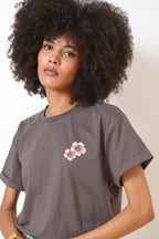T-shirt anthracite à manches courtes, col rond, légèrement oversize avec imprimé devant et dos