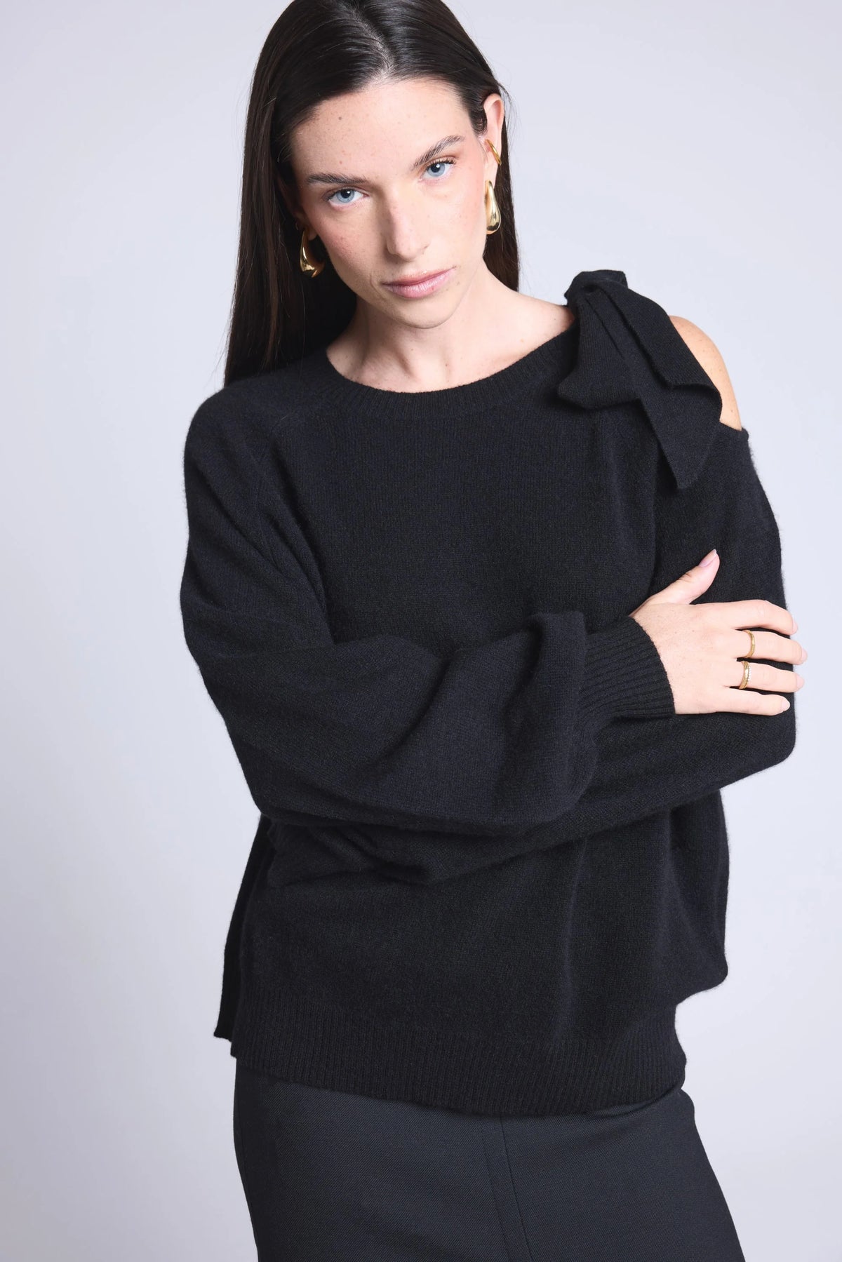 Maglione Girocollo Apertura Fiocco Spalla Tamara - Nero - Donna - 100% Cashmere