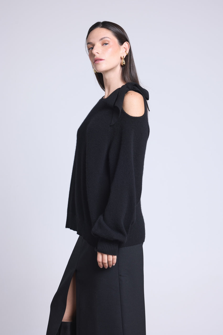 Maglione Girocollo Apertura Fiocco Spalla Tamara - Nero - Donna - 100% Cashmere