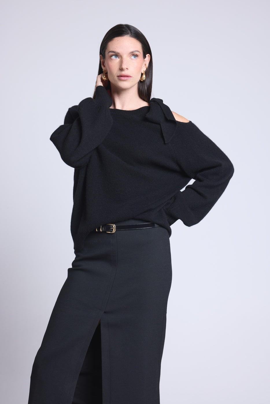 Maglione Girocollo Apertura Fiocco Spalla Tamara - Nero - Donna - 100% Cashmere