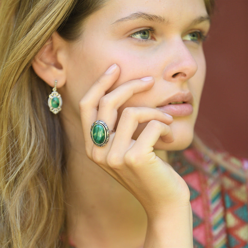 Bague Chichen Malachite 8,10Ct Et Argent Massif