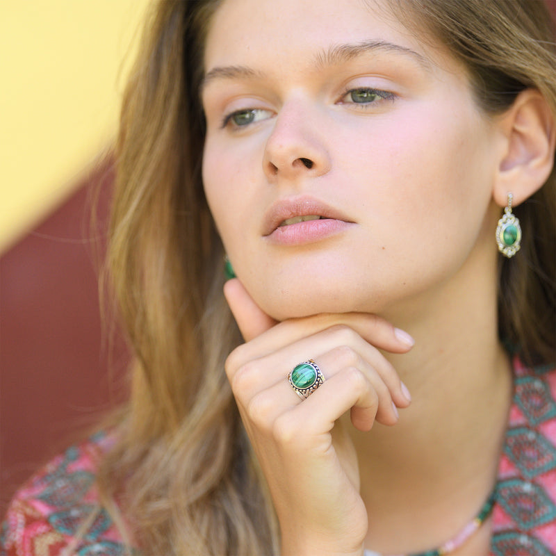 Bague Quetzalcoatl Malachite 5,4Ct Et Argent Massif