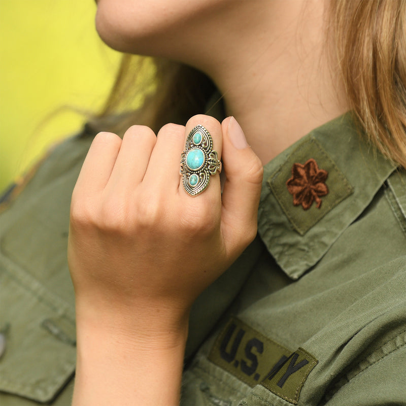 Bague Coatl Turquoise 2,70Ct/3 Et Argent Massif