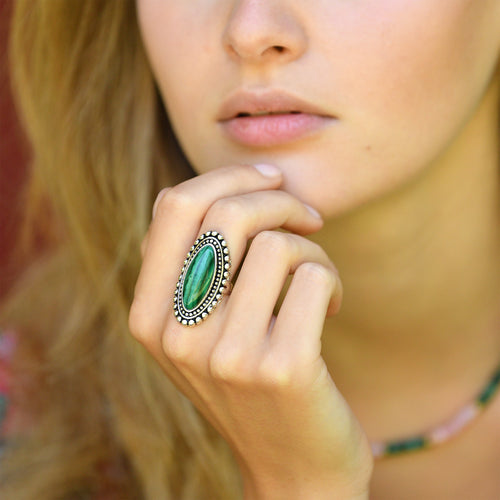 Bague Mixcoatl Malachite 9Ct Et Argent Massif