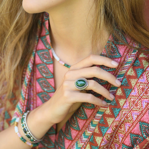Bague Xipe Totec Malachite 13Ct Et Argent Massif