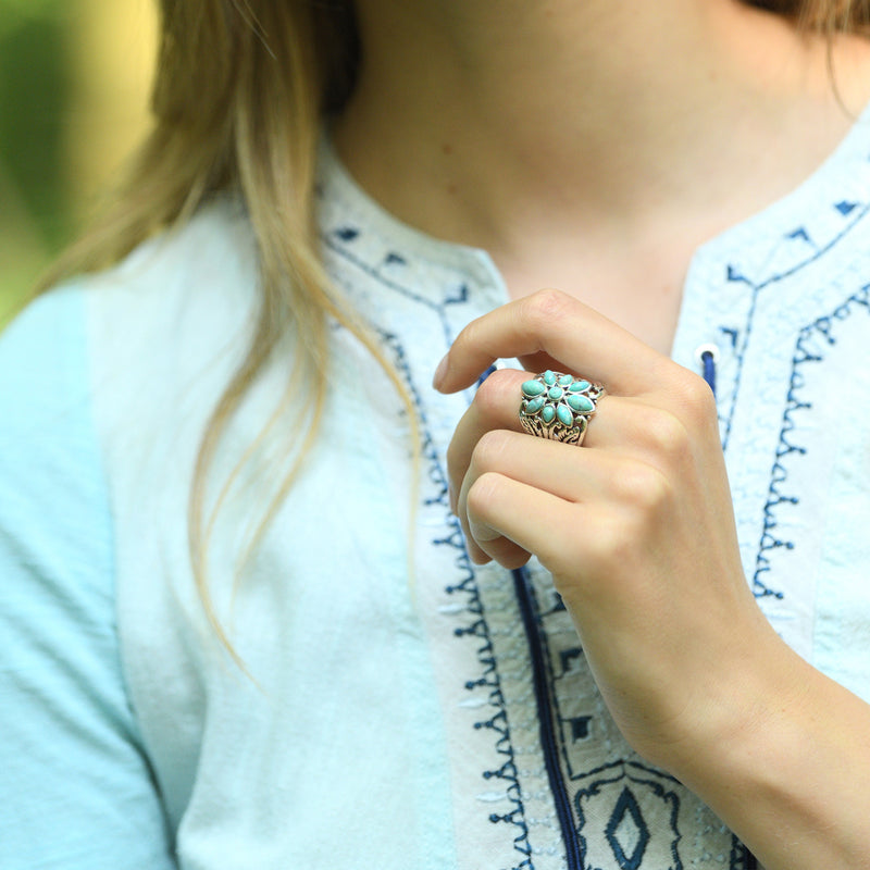 Bague Tunche Turquoise 2,20Ct Et Argent Massif