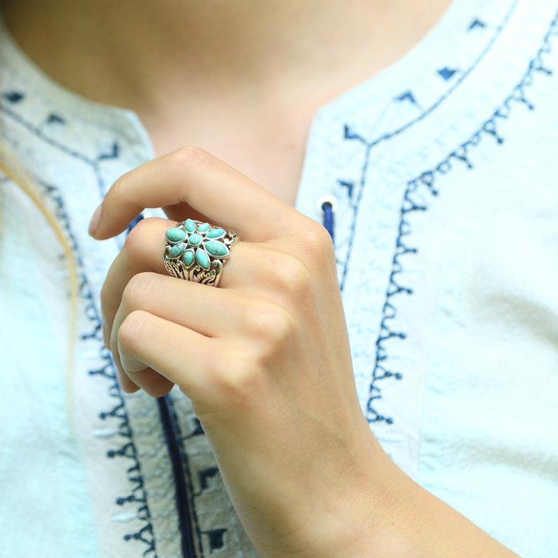 Bague Tunche Turquoise 2,20Ct Et Argent Massif