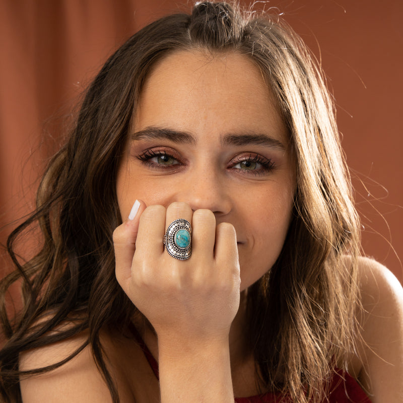 Bague Nahual Turquoise Compressee Et Argent Massif