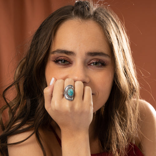 Bague Nahual Turquoise Compressee Et Argent Massif