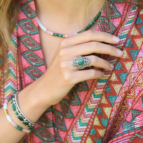 Bague Staku Malachite 3,60Ct Et Argent Massif