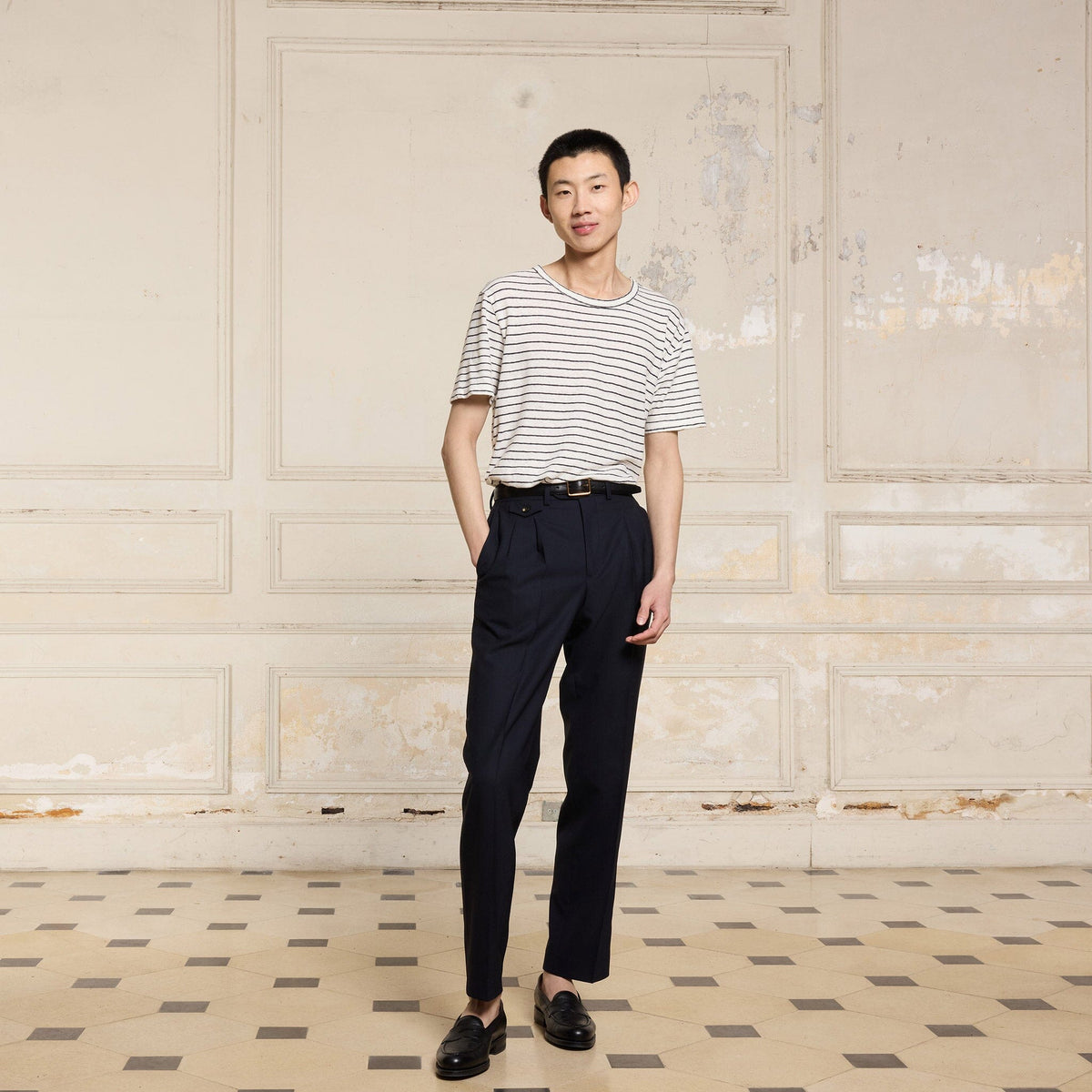 Tee-Shirt En Coton Et Lin Écru À Rayures Marine