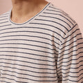 Tee-Shirt À Manches Longues En Coton Et Lin Écru À Rayures Marine