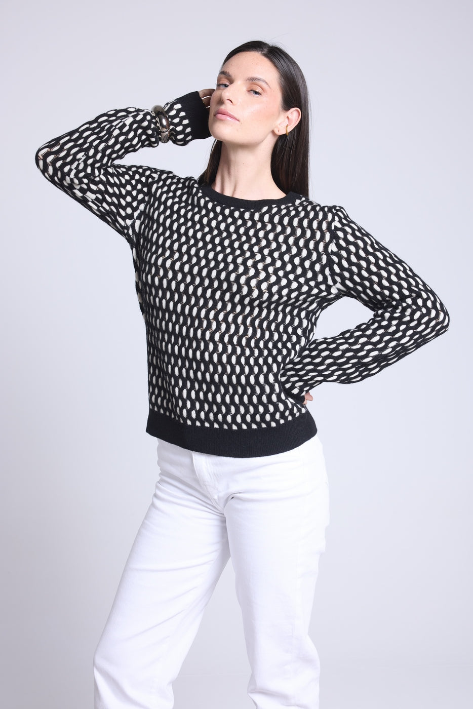 Jersey gráfico de cuello redondo con textura Terry - Negro y blanco - Mujer