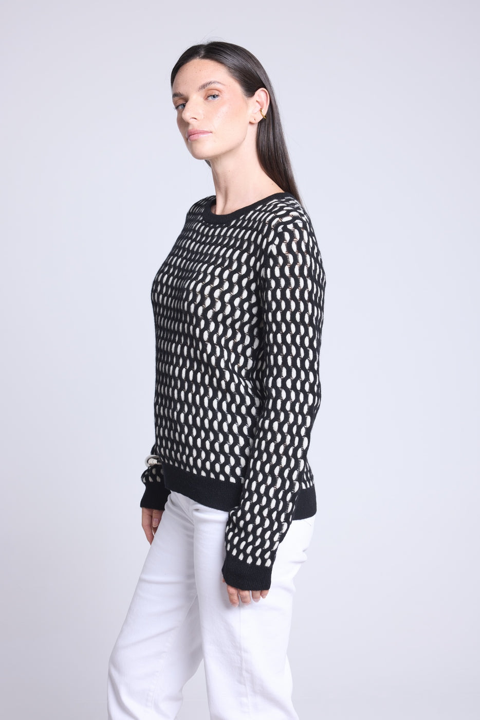 Jersey gráfico de cuello redondo con textura Terry - Negro y blanco - Mujer
