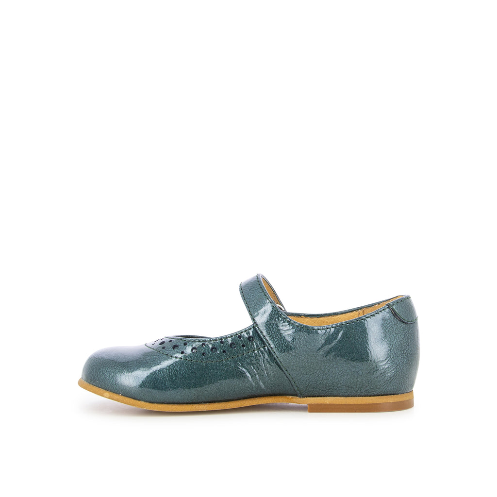 Pom d'Api – Clotaire - Tetel Perfos - Vert Pin, chaussure bébé fille vert canard verni, vue de profil sur fond blanc