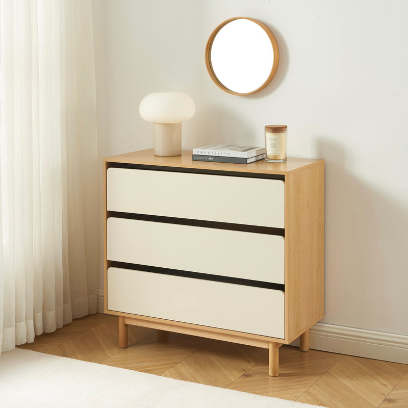 Commode - Thalia - 3 Tiroirs - Beige & Effet Chêne