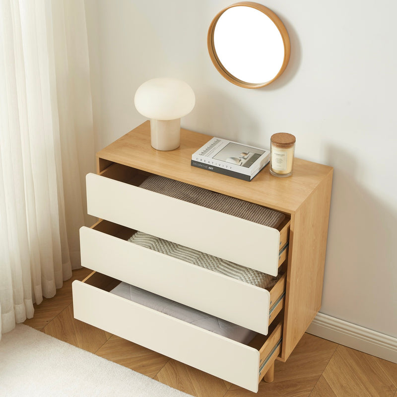 Commode - Thalia - 3 Tiroirs - Beige & Effet Chêne