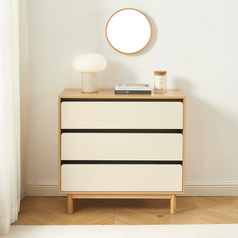 Commode - Thalia - 3 Tiroirs - Beige & Effet Chêne