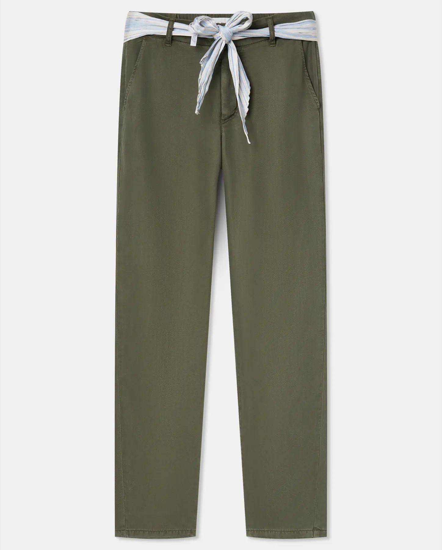 Pantalon pour femme en tissu Tencel kaki, coupe droite et ajustée, avec ceinture nouée rayée pour un style décontracté et élégant, idéal pour l'été.