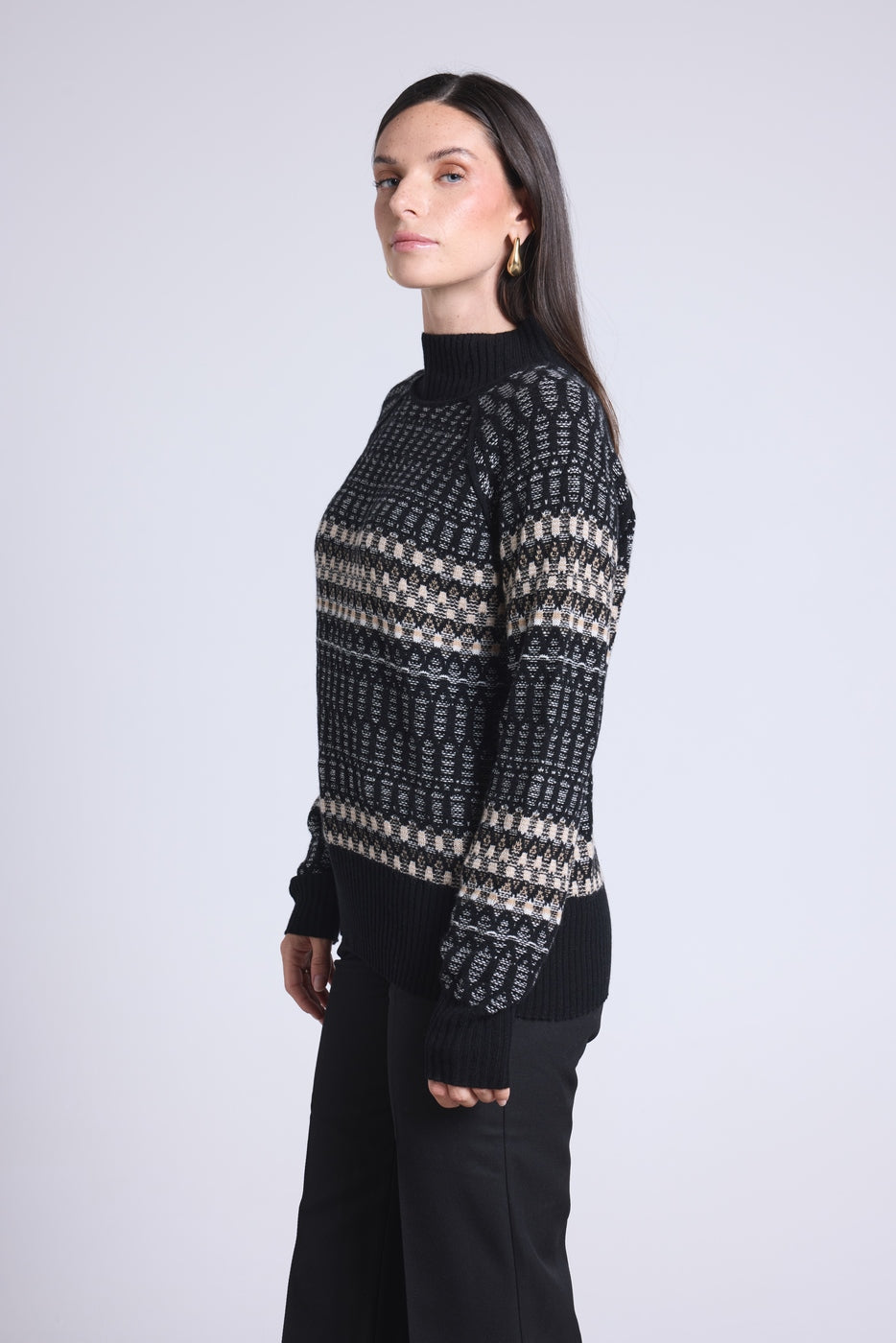 Pull Col Montant Textures Tibby - Noir Blanc Beige - Femme - Cachemire Et Laine