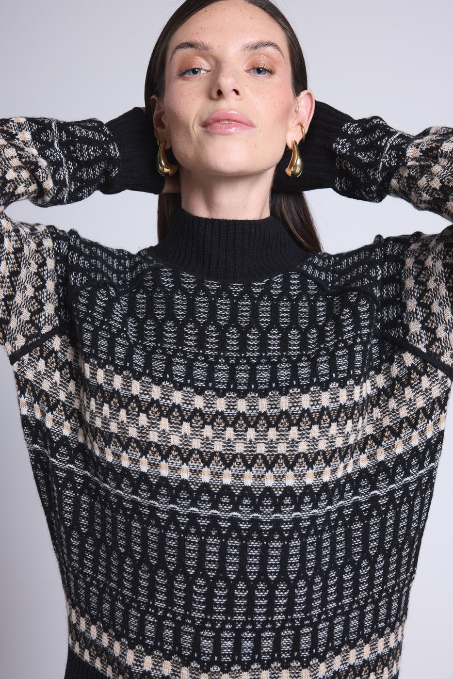 Pull Col Montant Textures Tibby - Noir Blanc Beige - Femme - Cachemire Et Laine