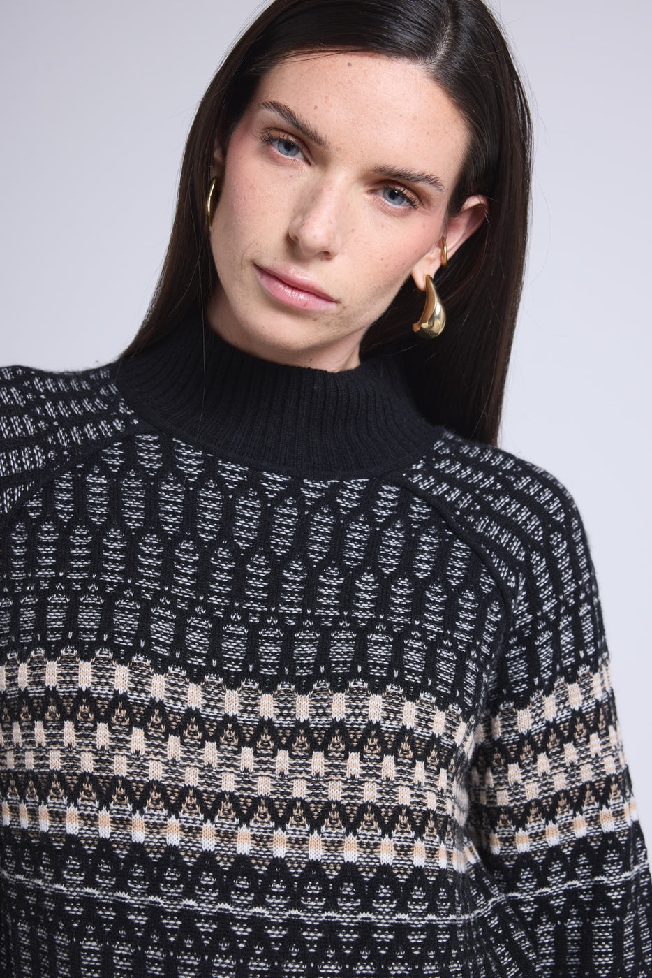 Pull Col Montant Textures Tibby - Noir Blanc Beige - Femme - Cachemire Et Laine